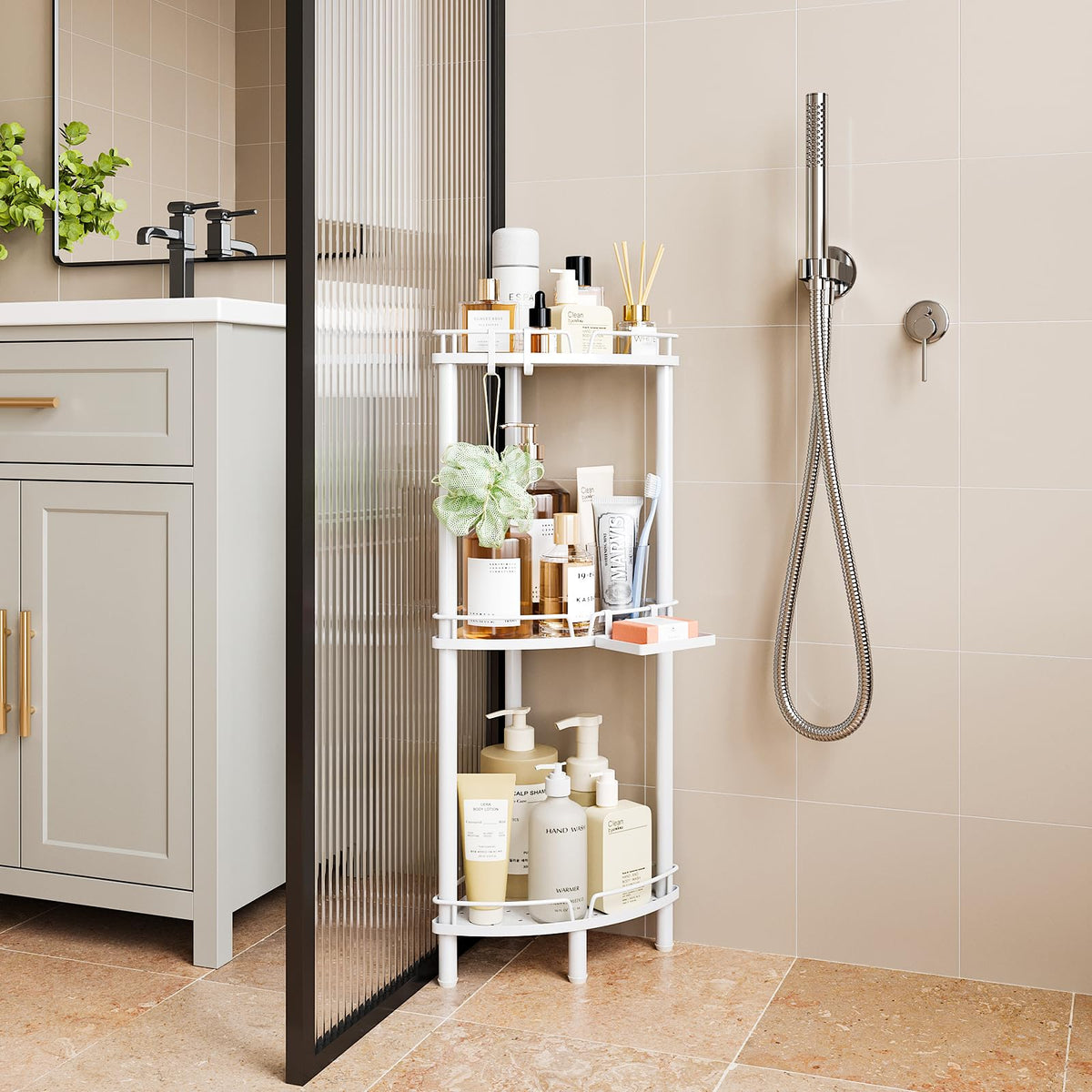 ELYKEN Corner Shower Caddy in bathroom use showing organized space