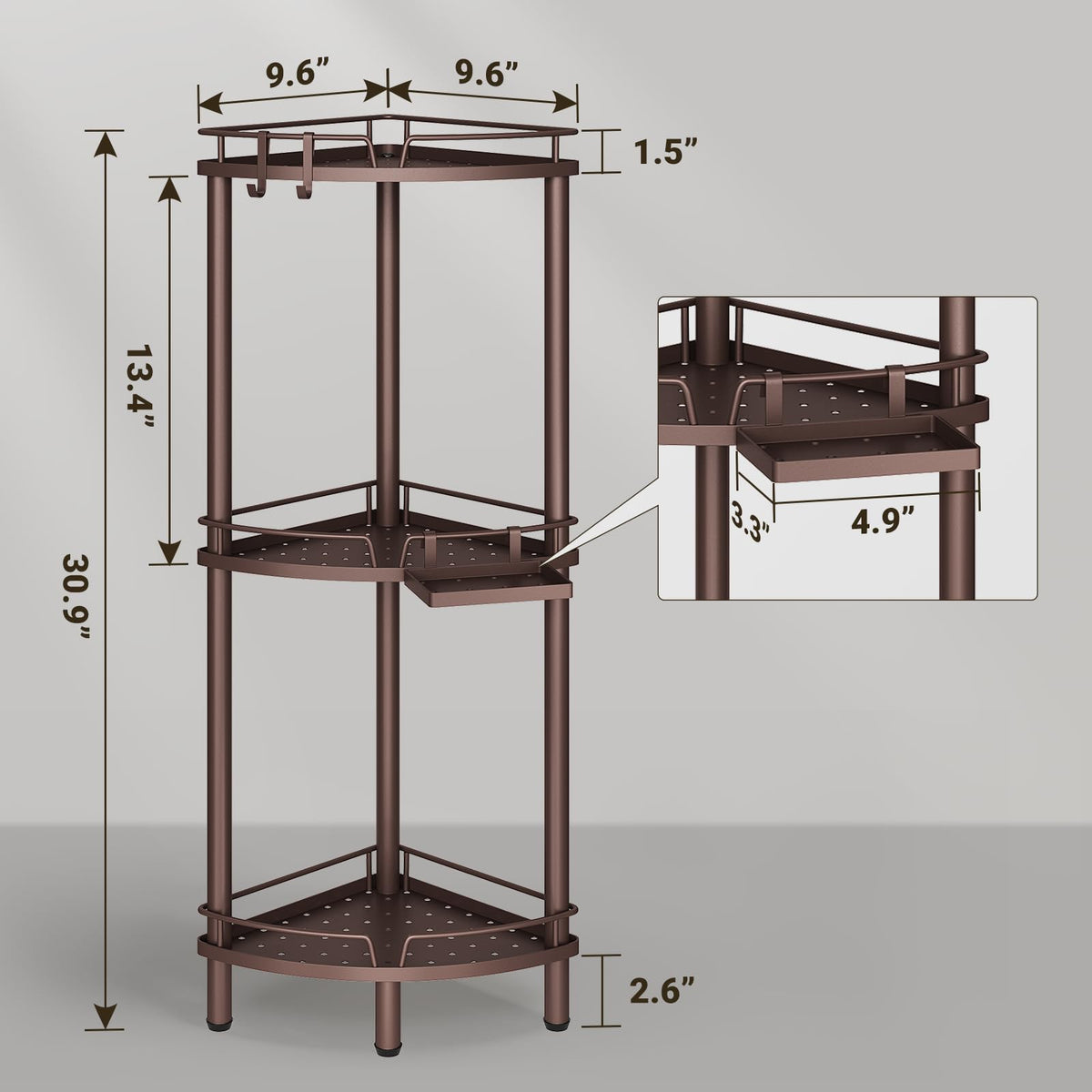 ELYKEN Corner Shower Caddy side view highlights sturdy rustproof construction and corner placement.