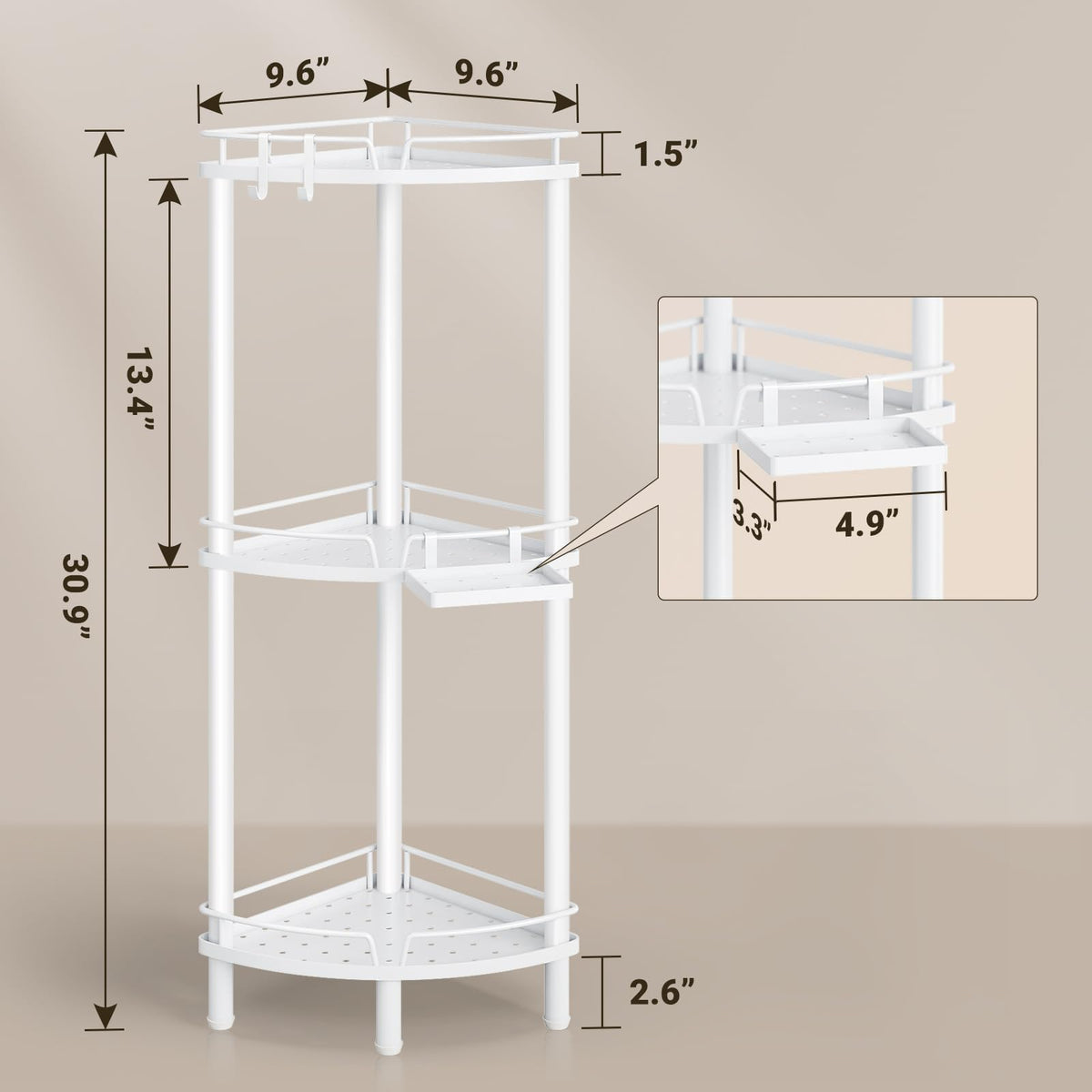 ELYKEN Corner Shower Caddy side view highlights stable footprint and rails