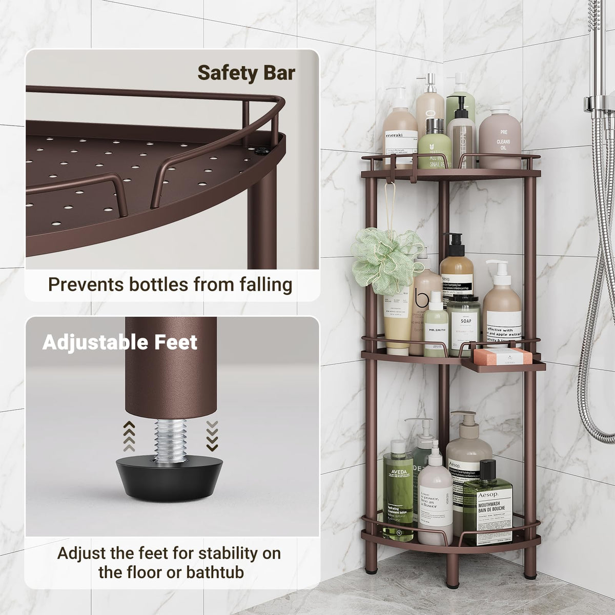 ELYKEN Corner Shower Caddy two hooks for razors and sponges maximize space.