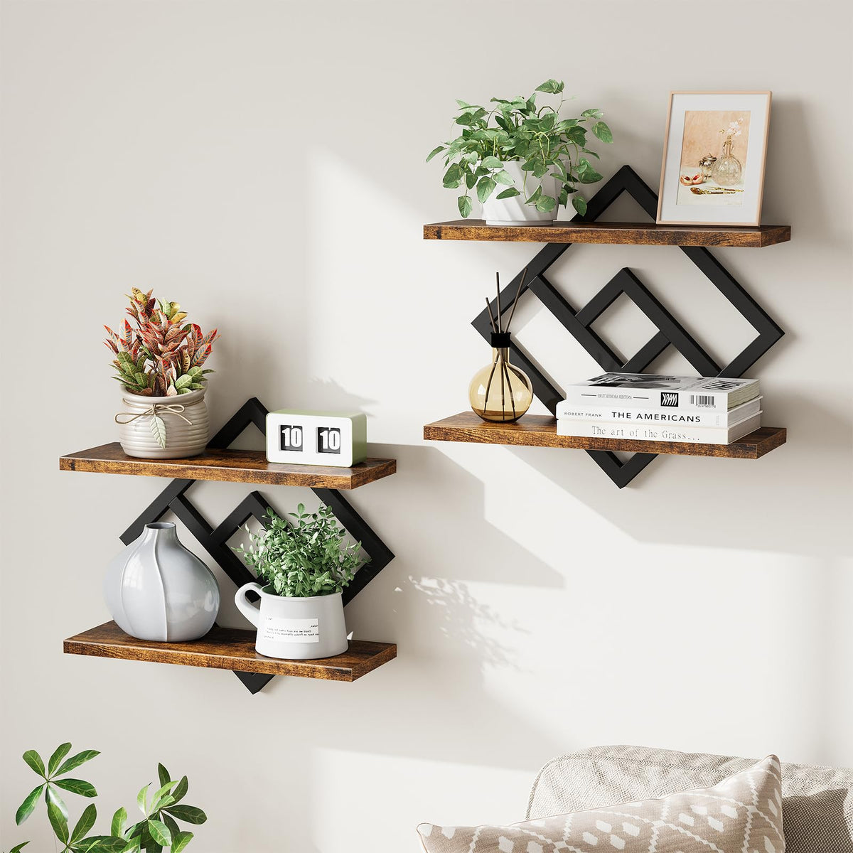 ELYKEN floating shelves with diamond frame, full view showing stylish space-saving storage