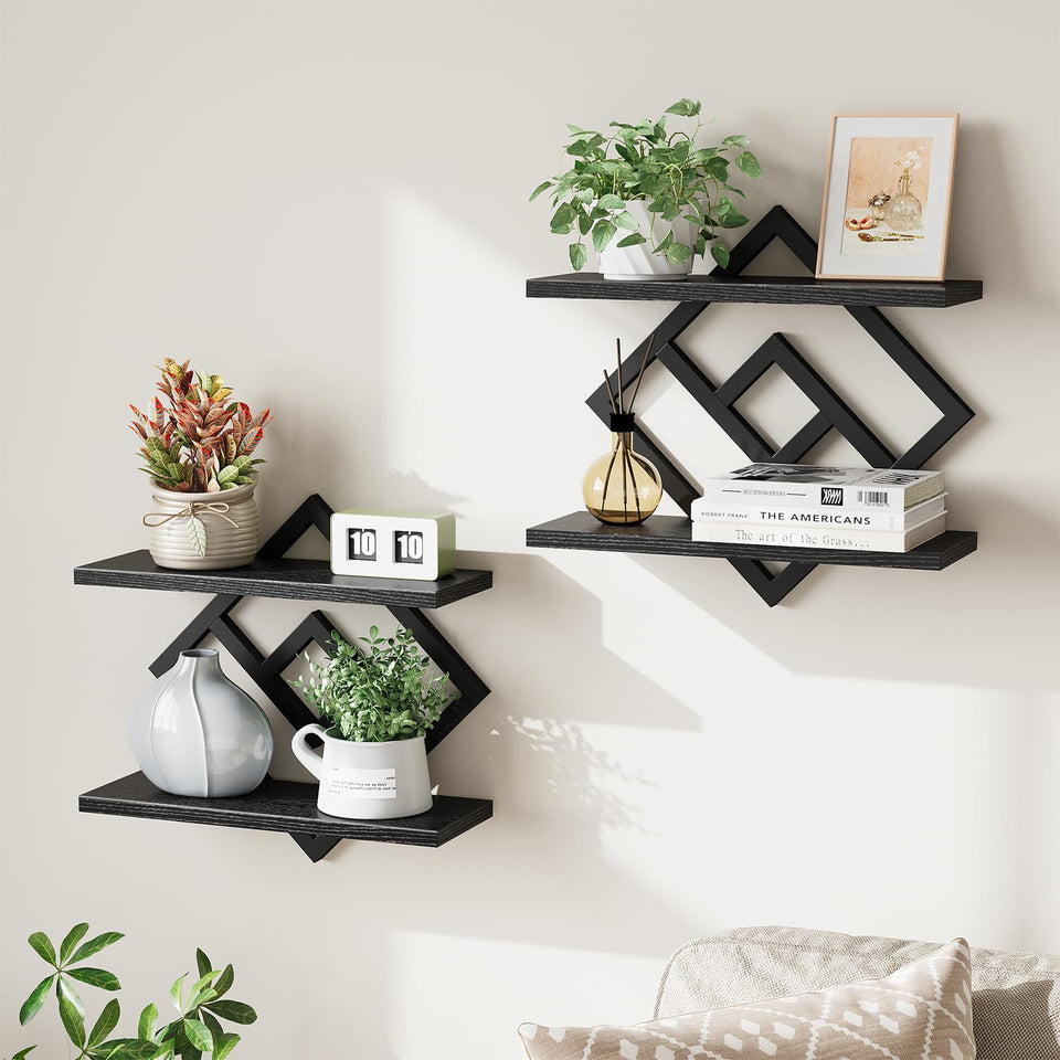 ELYKEN floating shelves with double-tier diamond frame on wall for stylish storage.
