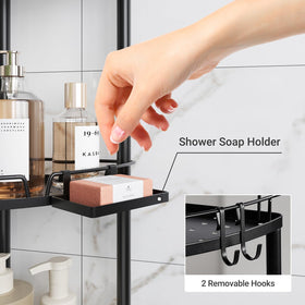 ELYKEN floor-standing shower caddy with two hooks for tools.