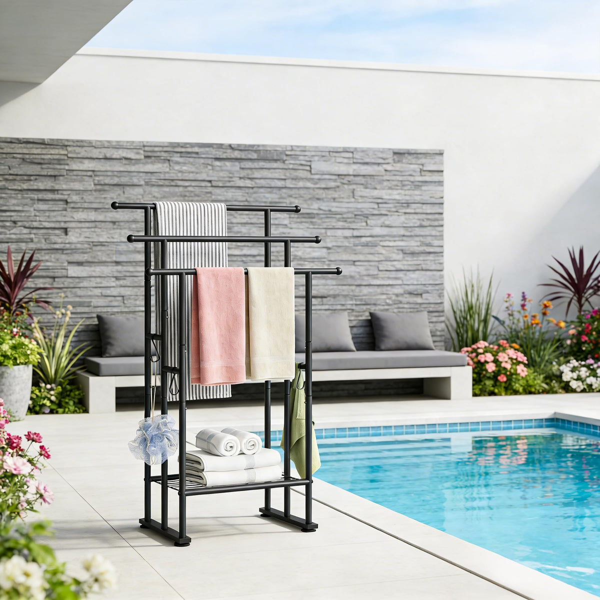 ELYKEN indoor or outdoor use towel rack blends with decor and dries towels.