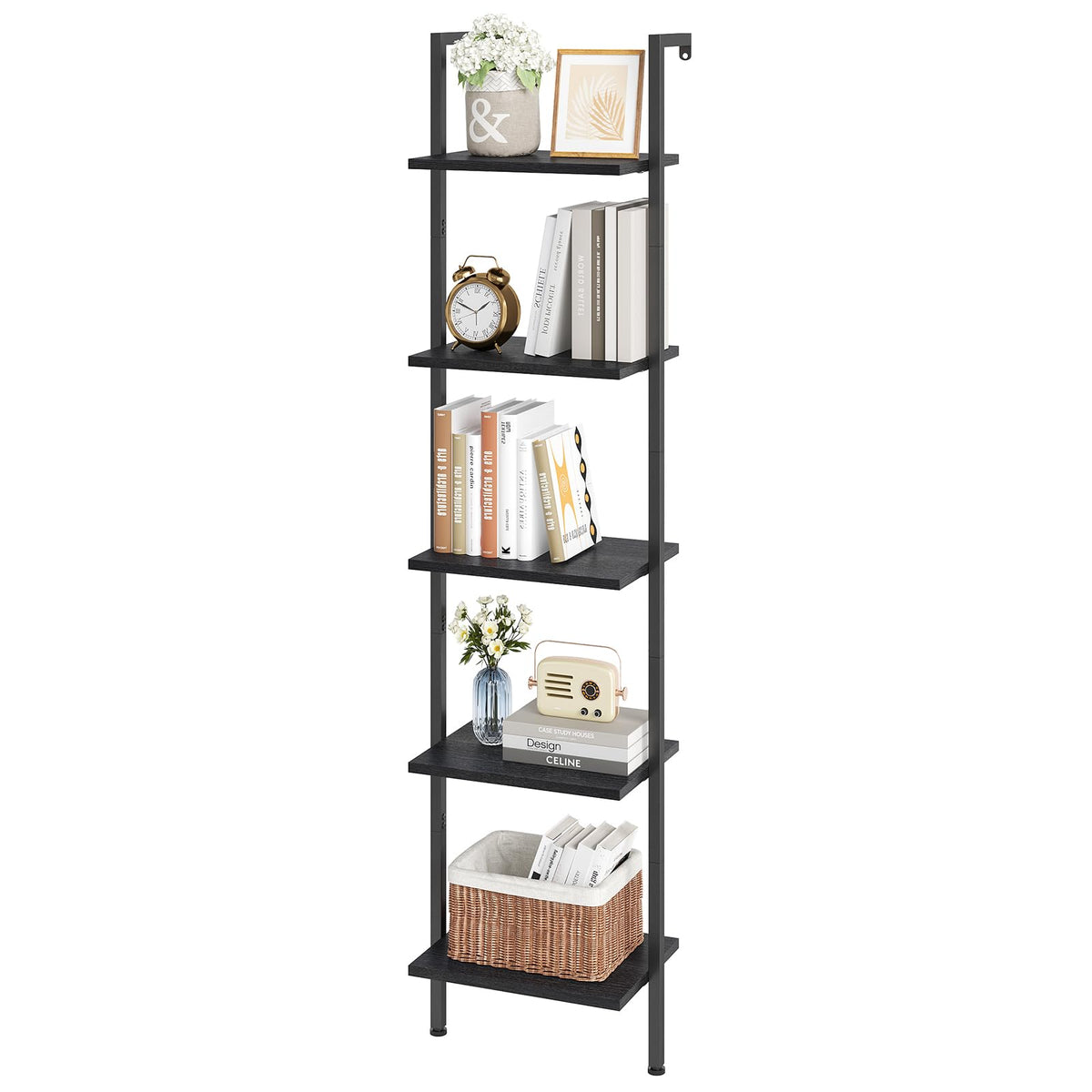 ELYKEN ladder shelf front view with five tiers, ideal for compact book organization.