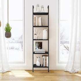 ELYKEN ladder shelf all-black design adds vintage charm to living room.