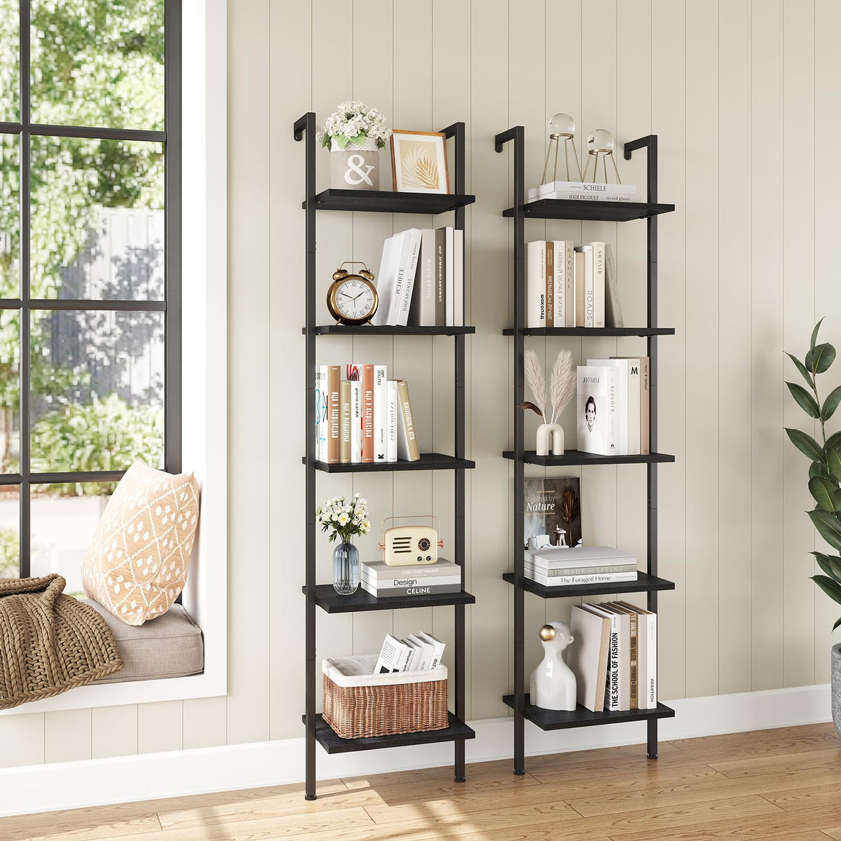 ELYKEN ladder shelf black finish blends with modern or vintage decor.