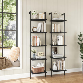 ELYKEN ladder shelf black finish blends with modern or vintage decor.