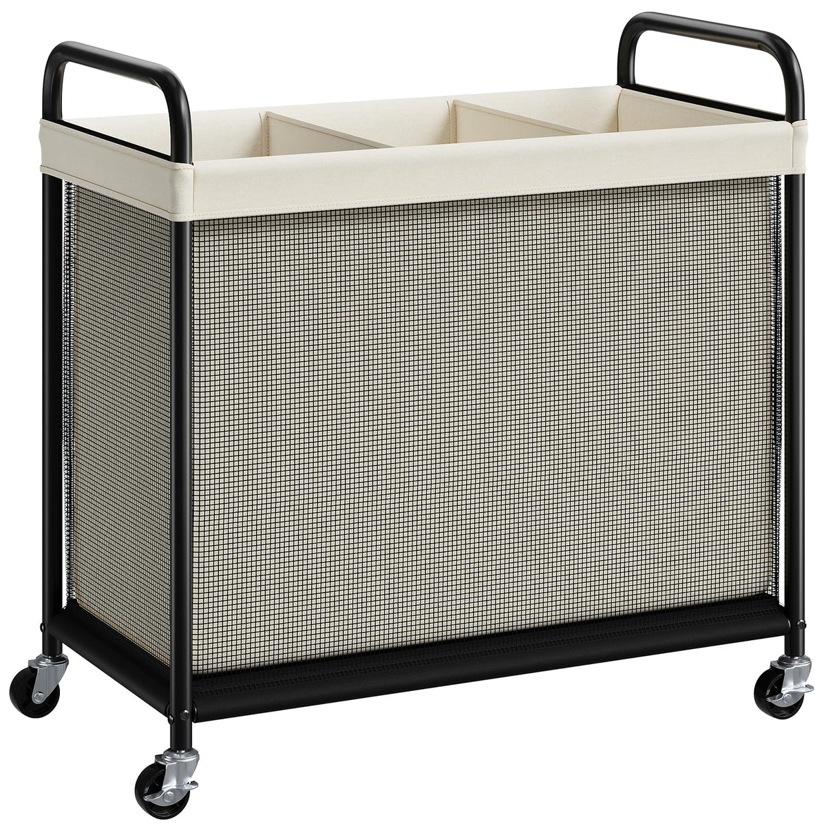 ELYKEN 3-section laundry hamper front view shows spacious 120L capacity for organized sorting.