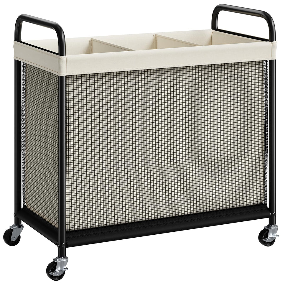ELYKEN 3-section laundry hamper front view shows spacious 120L capacity for organized sorting.