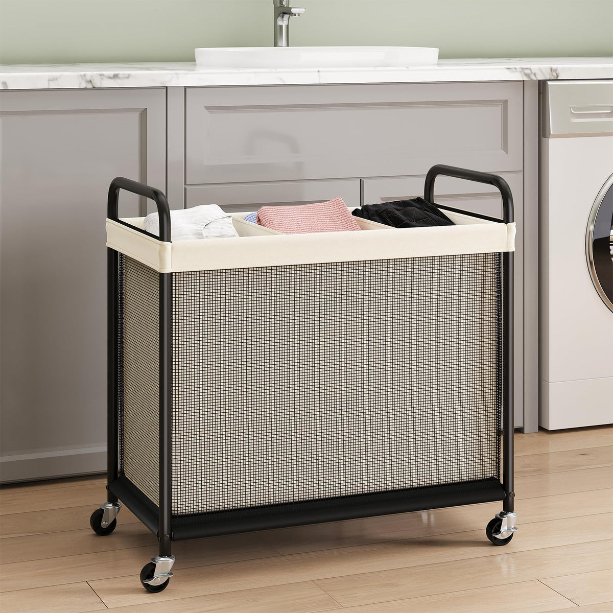 ELYKEN 3-section laundry hamper side view highlights compact design for small spaces.