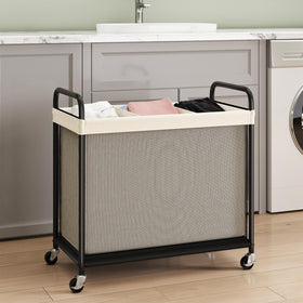 ELYKEN 3-section laundry hamper side view highlights compact design for small spaces.