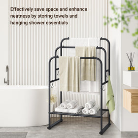 ELYKEN matte black 3-tier rack with open shelf and hooks for towels and accessories.
