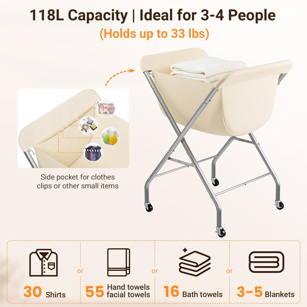 ELYKEN removable liner bag with side pocket for organized laundry