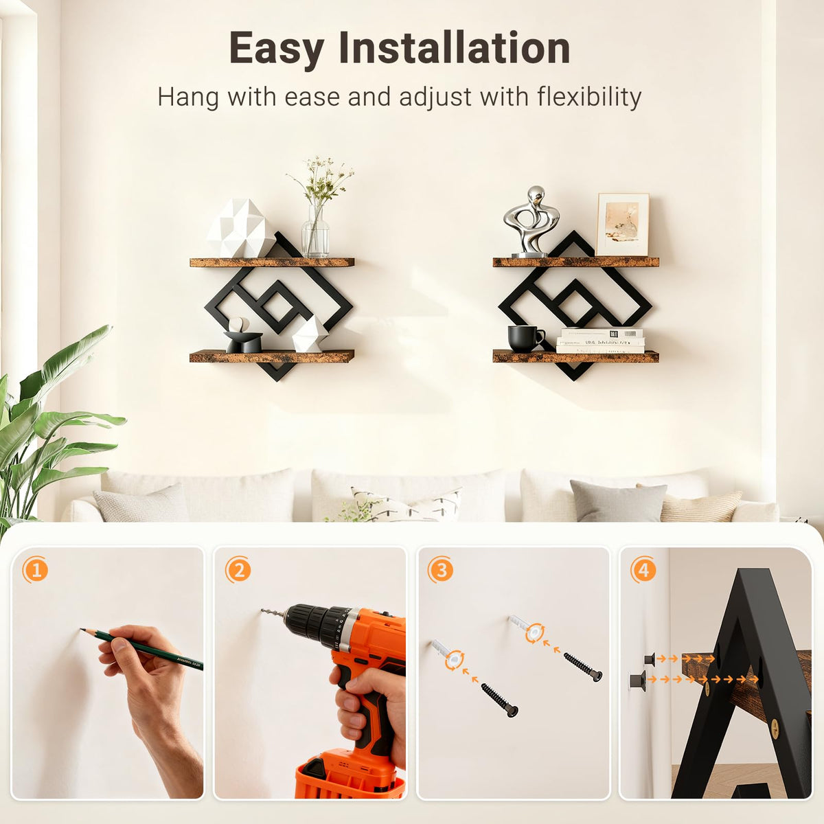ELYKEN shelves displaying decor in a living room for versatile styling