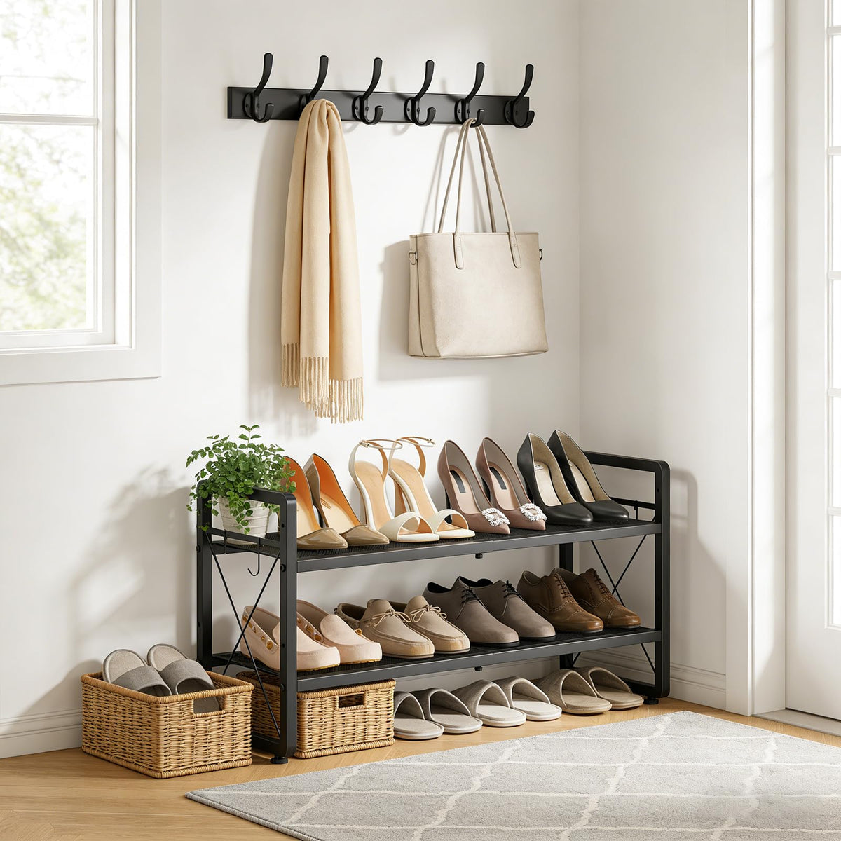 ELYKEN shoe rack with mesh shelves keeps heels secure and prevents slipping.