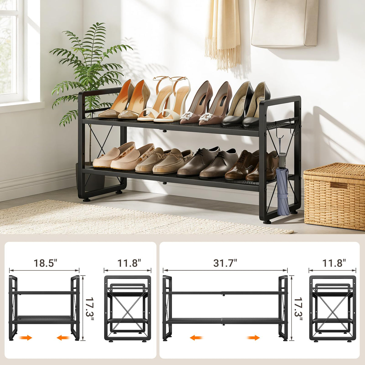 ELYKEN shoe rack side hooks for keys and umbrellas.