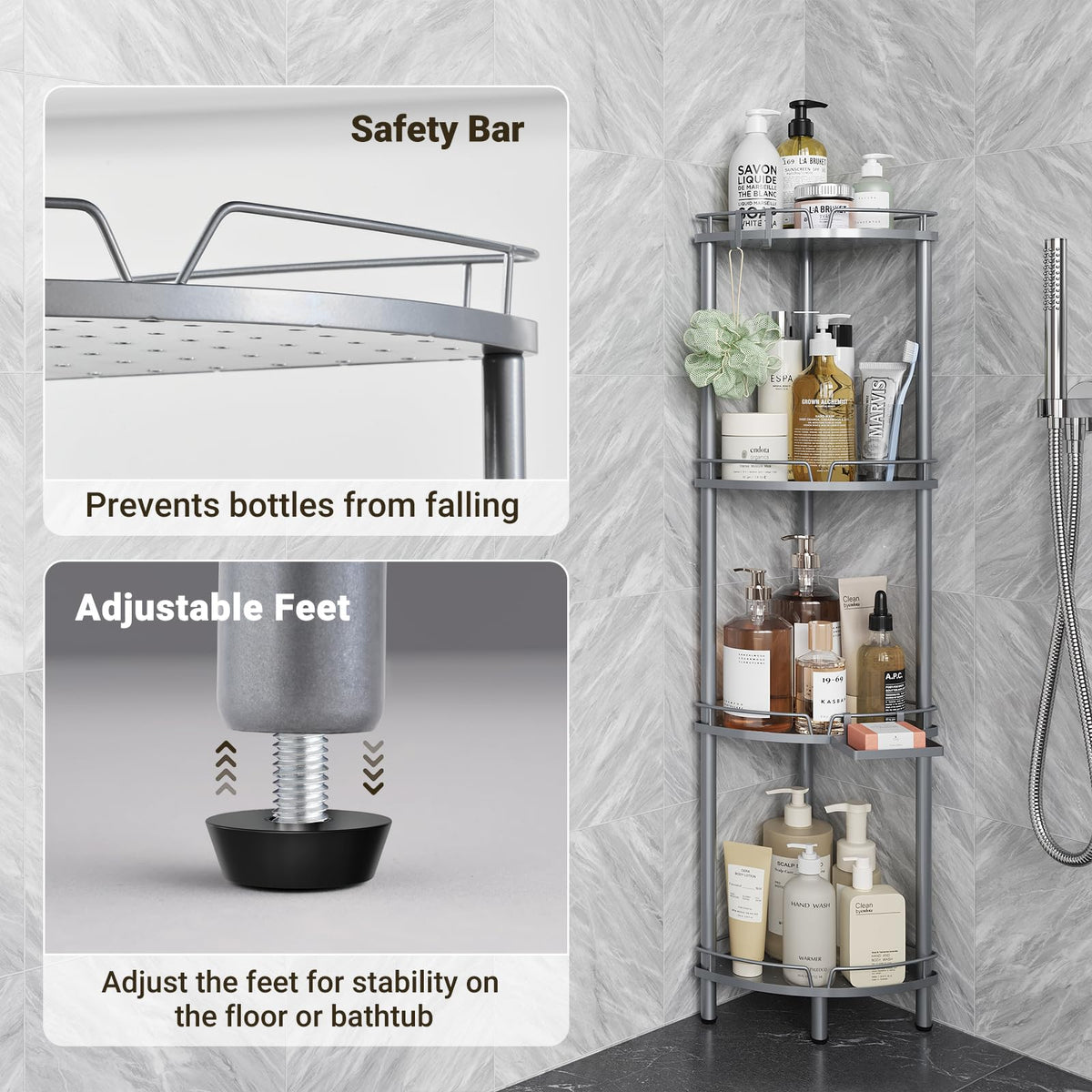 ELYKEN shower caddy adjustable feet stay stable on uneven floors