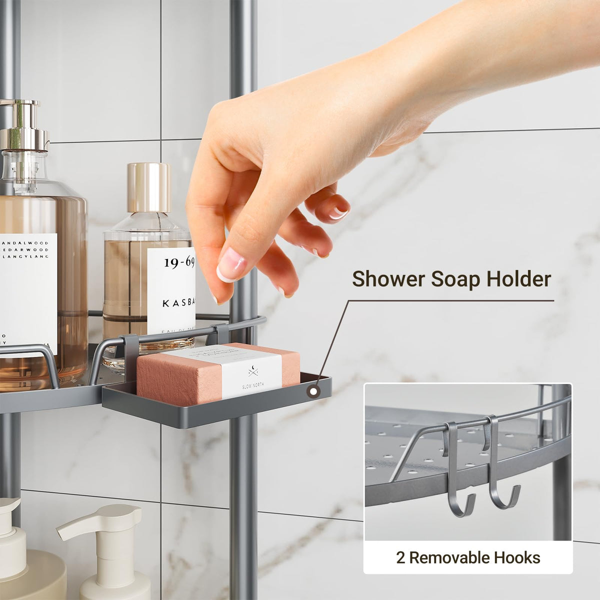 ELYKEN corner shower caddy with two hooks for razors and sponges