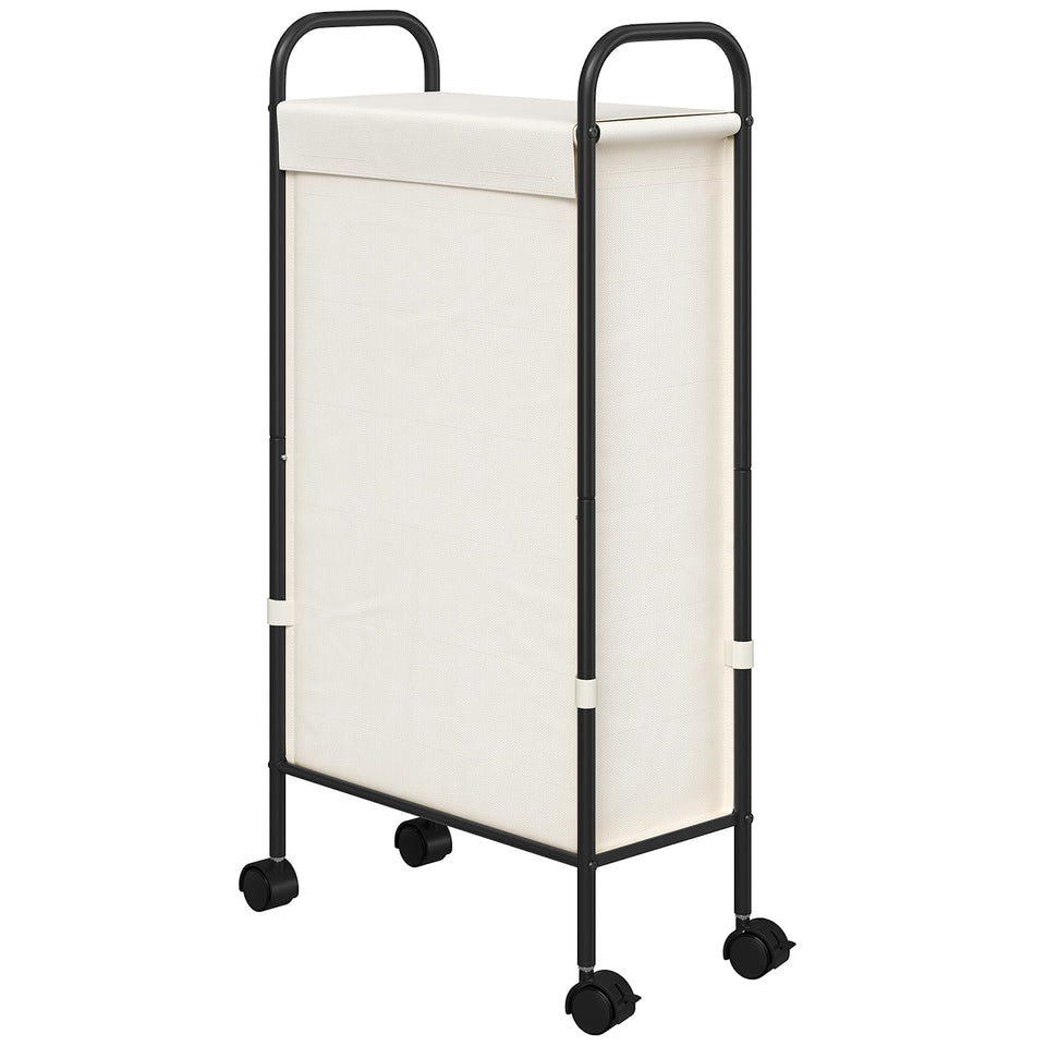 ELYKEN slim laundry hamper with lid keeps dirty clothes concealed and tidy.