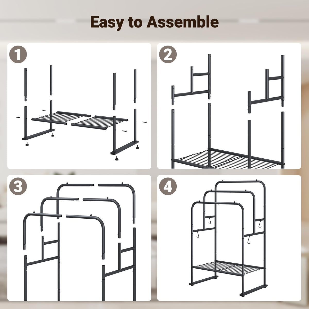 ELYKEN freestanding towel rack fits tall towels without floor contact.