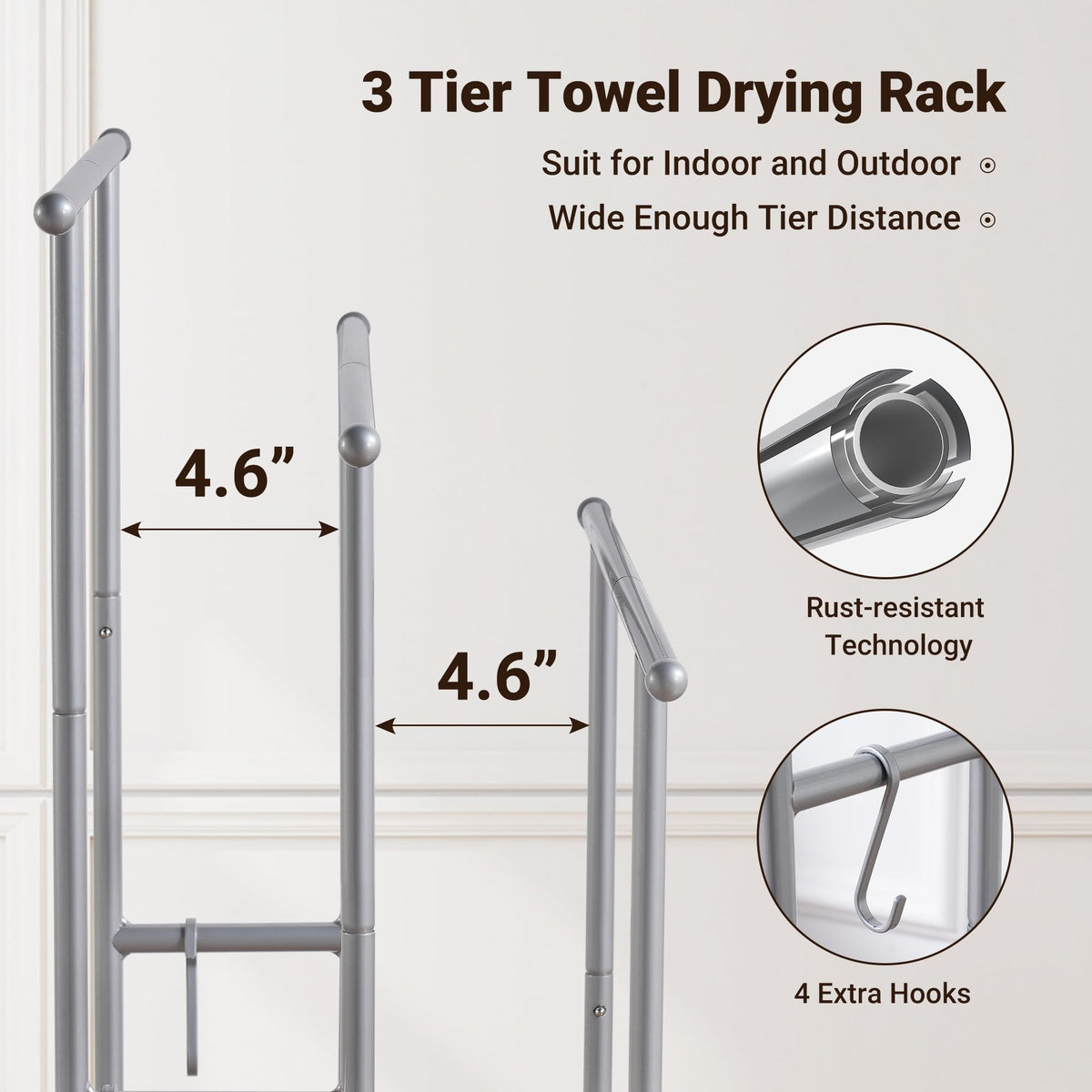 ELYKEN towel rack with movable hooks enables flexible towel placement.