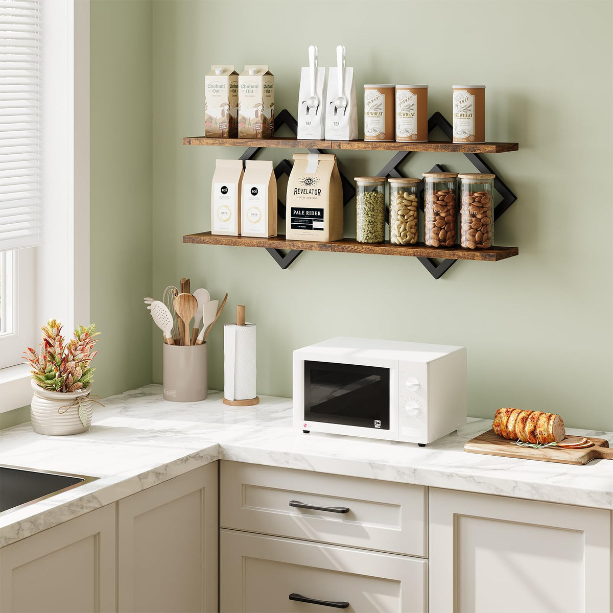 ELYKEN wall shelves illustrate 33lbs per shelf capacity for sturdy display