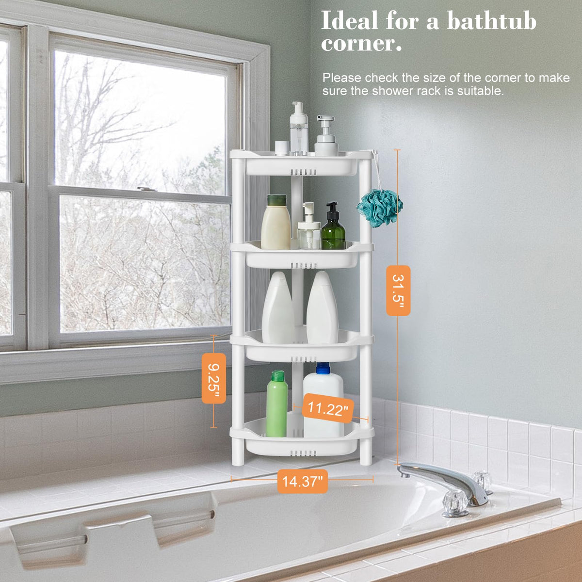 ELYKEN white corner shower caddy blends with any bathroom decor