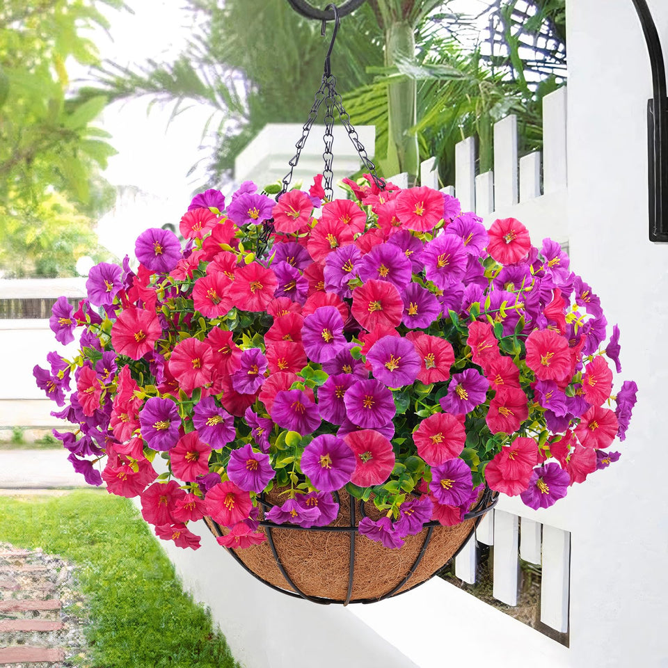 Elyum artificial hanging flowers outdoors in a petunia basket for vibrant curb appeal
