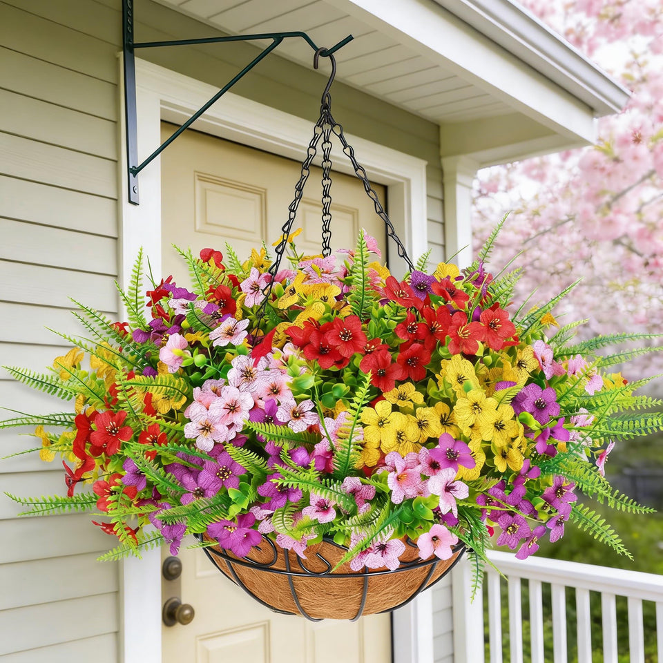 Elyum artificial hanging flowers outdoors for year-round curb appeal.