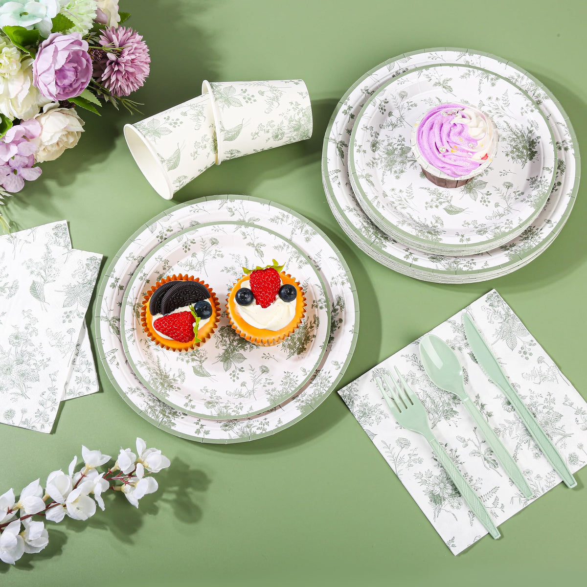 Elyxio sage green floral cups for stylish beverages at events