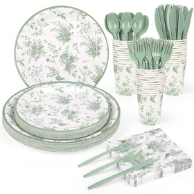 Elyxio sage green floral party set box highlights convenient setup