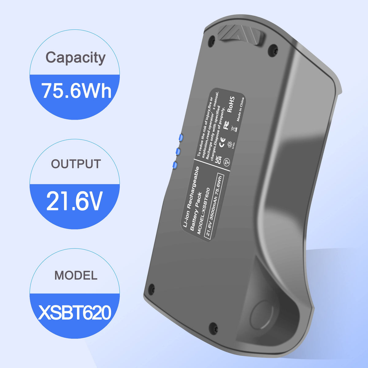 Compatibility chart showing broad Shark model support for Emaks XSBT620 battery.