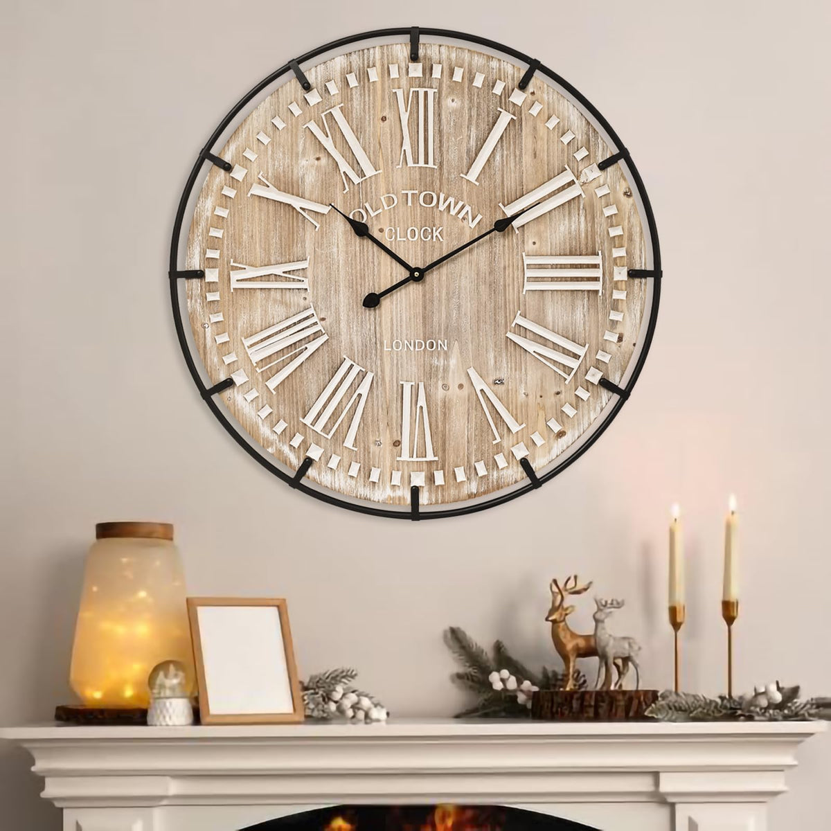 EMAX HOME 30-inch wall clock wooden metal frame highlights rustic charm.
