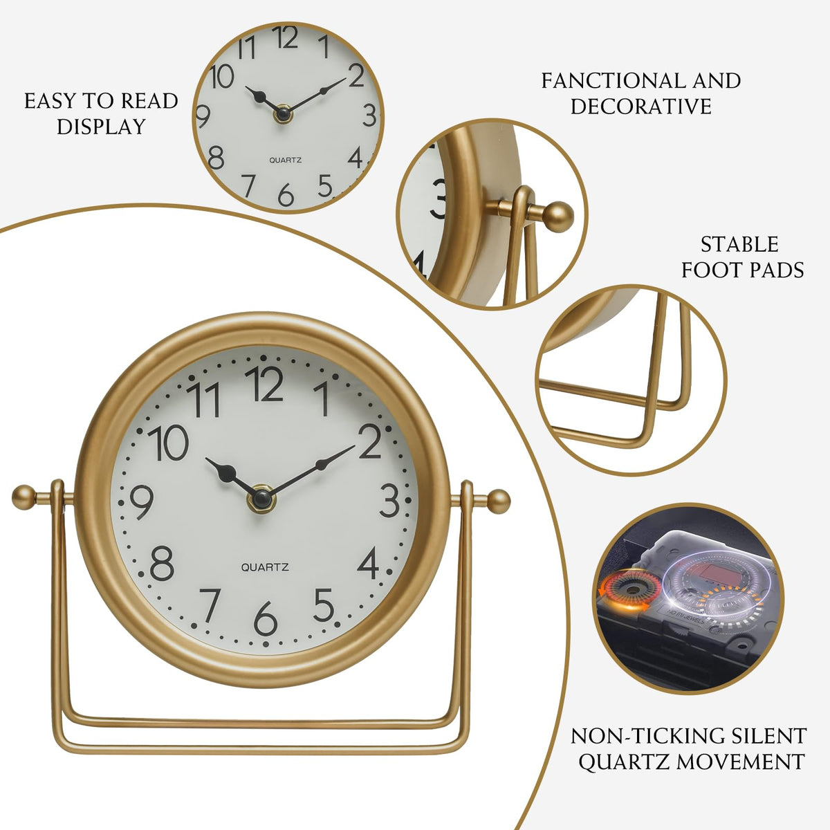 EMAX HOME Vintage Golden Table Clock on desk demonstrating space-saving decor