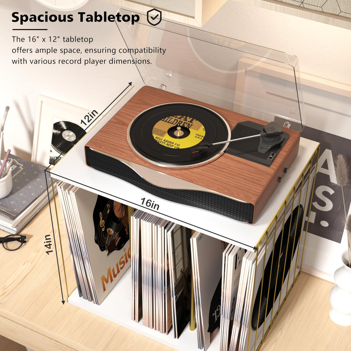 Emfogo built-to-last wood and steel stand supports heavier turntables and growing collections.