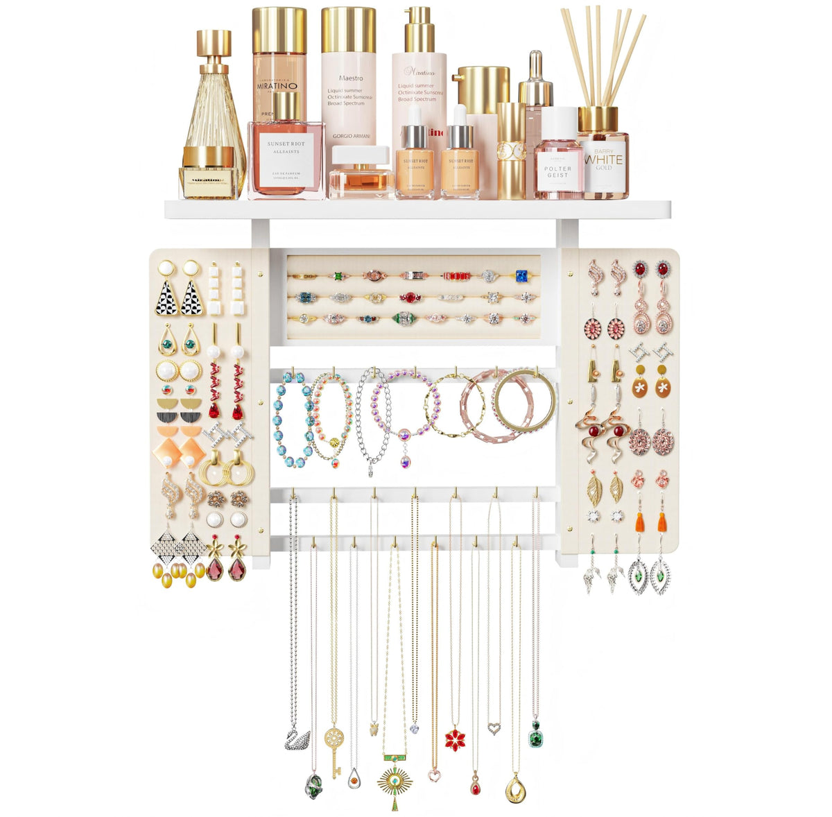 Emfogo top tray shows cosmetics storage on the jewelry organizer