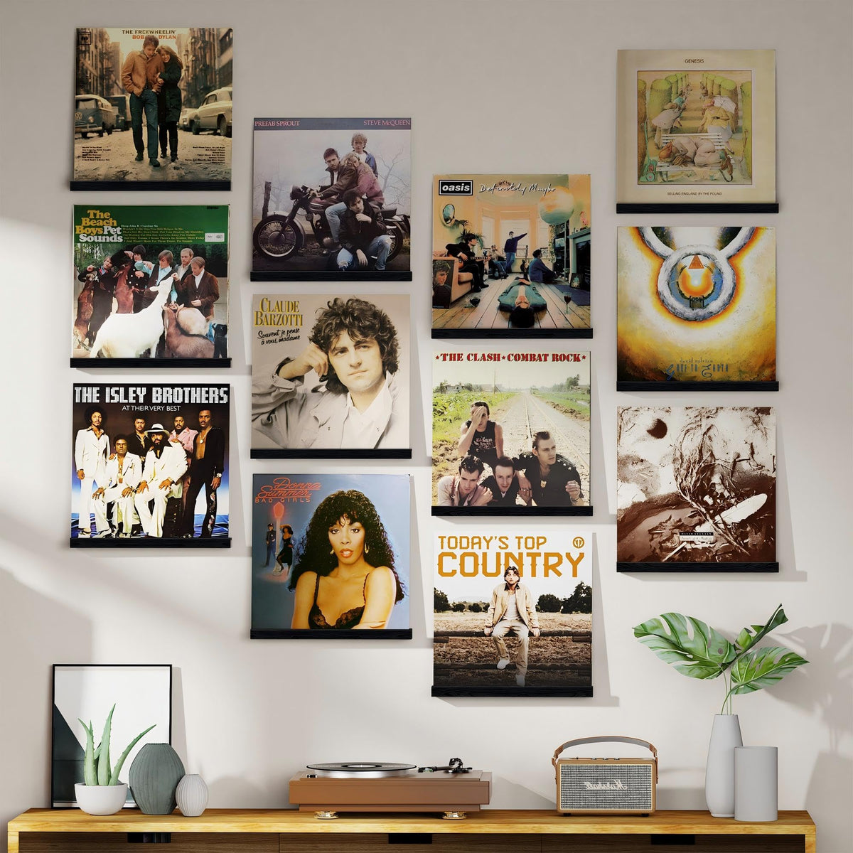 Emfogo record shelf wall mount side view highlighting floating display and easy access