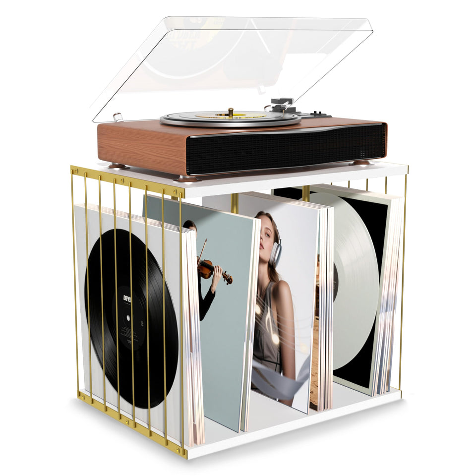 Emfogo vinyl storage 80-records white with sturdy metal and wood, ideal for organized collections.