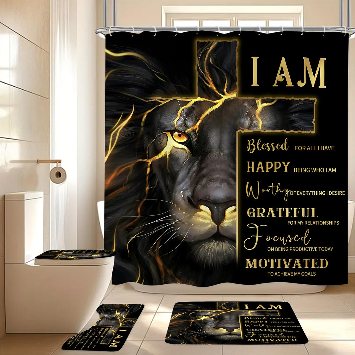 EMHOME gold cross lion shower curtain with moisture resistance and bold design.