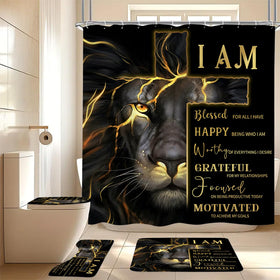 EMHOME gold cross lion shower curtain with moisture resistance and bold design.