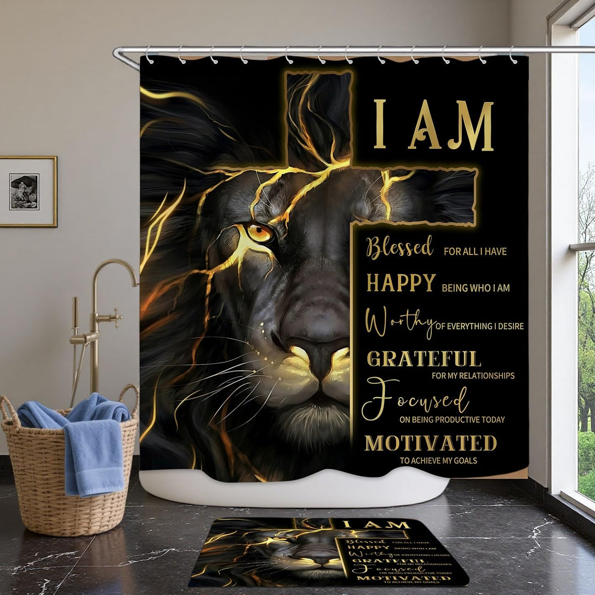 EMHOME toilet lid cover with lion motif completes coordinated bathroom decor.