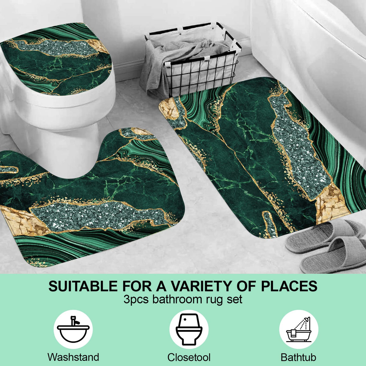 EMHOME green U-shaped rug provides non-slip stability near the toilet