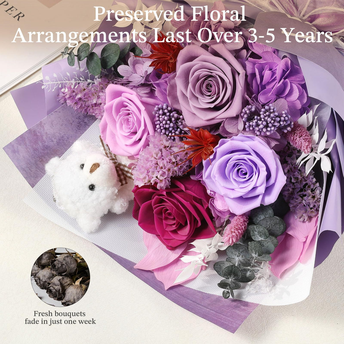 Emibele handcrafted bouquet with bear adds a charming centerpiece to any room.