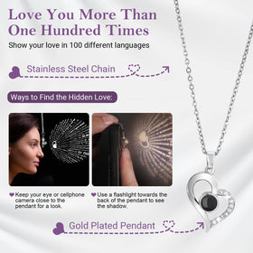 Emibele I Love You 100 Languages necklace close-up.