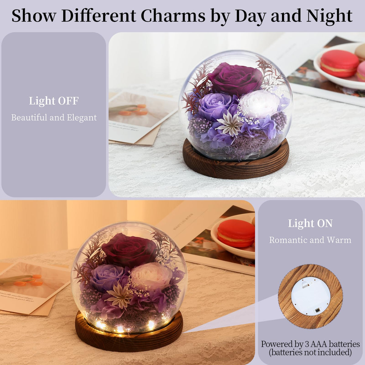 Emibele LED light activation reveals warm illumination across the roses.