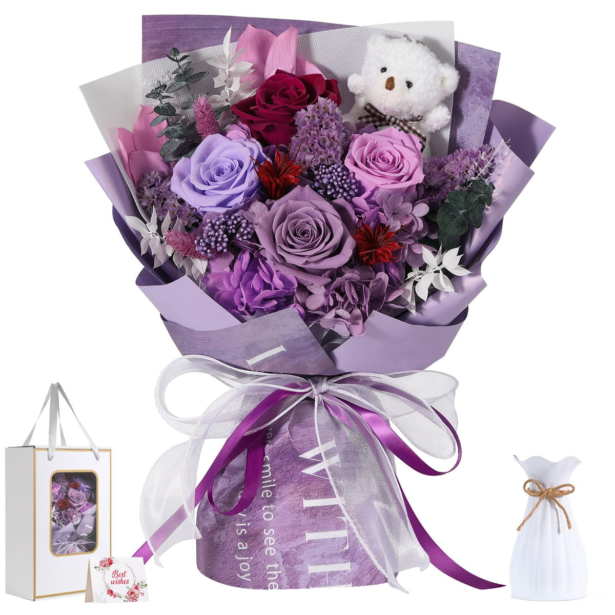 Emibele preserved rose bouquet with bear for long-lasting beauty, zero maintenance.