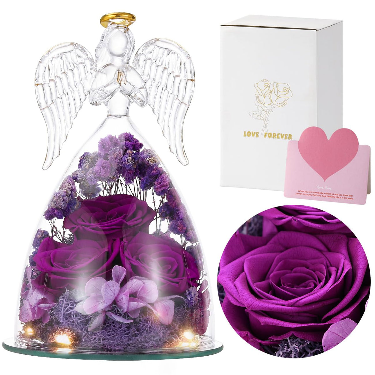 Emibele preserved rose inside a glass angel for a lasting keepsake.