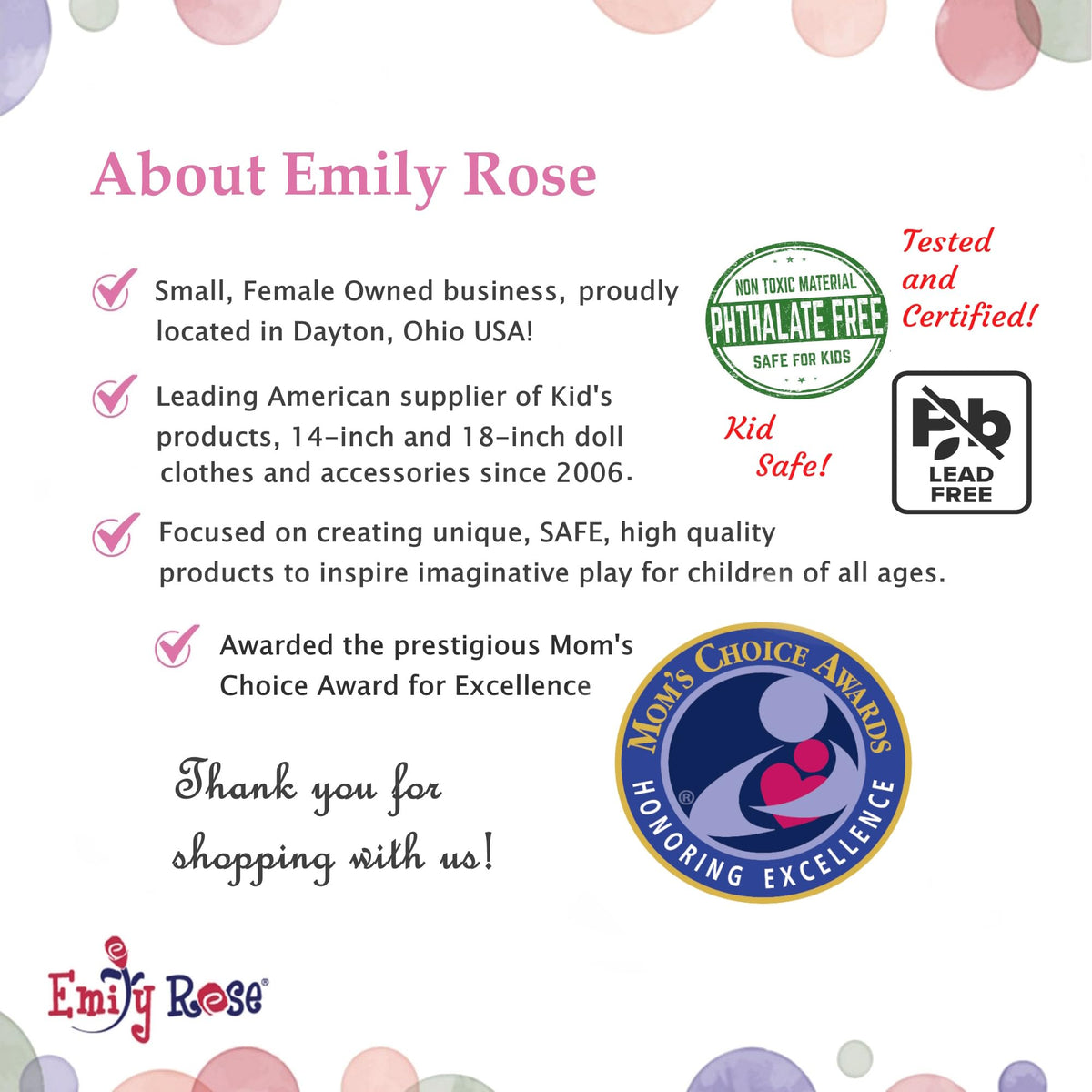 Emily Rose Award-winning brand offers safe, high quality kids products.