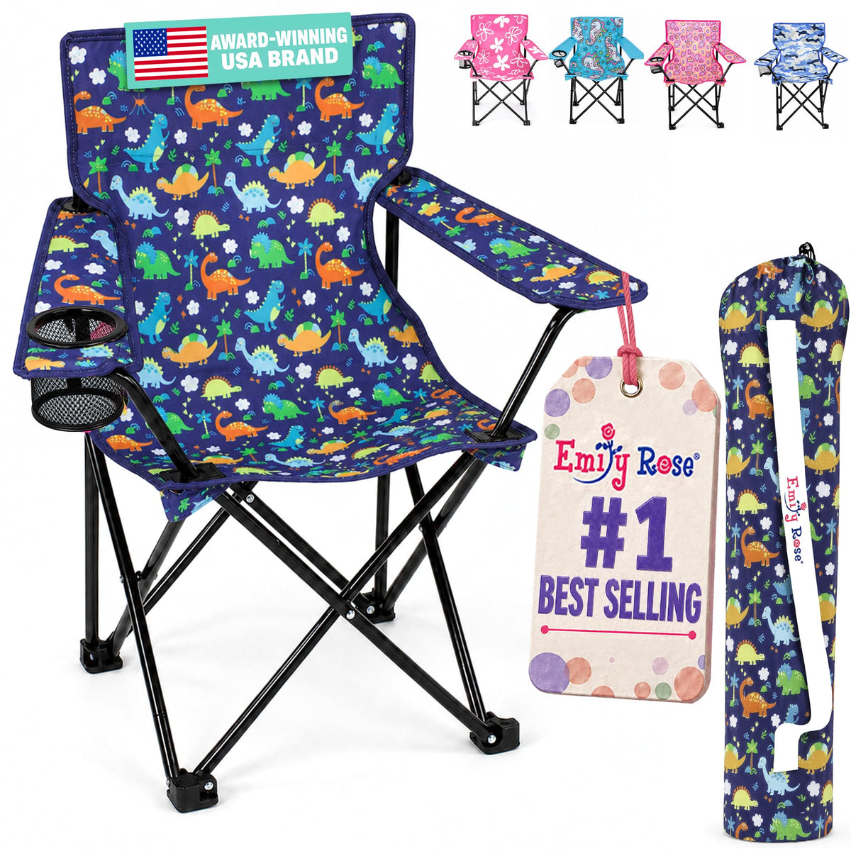Emily Rose Playful Dinosaurs chair front view, ideal for sunny beach days and quick setup.